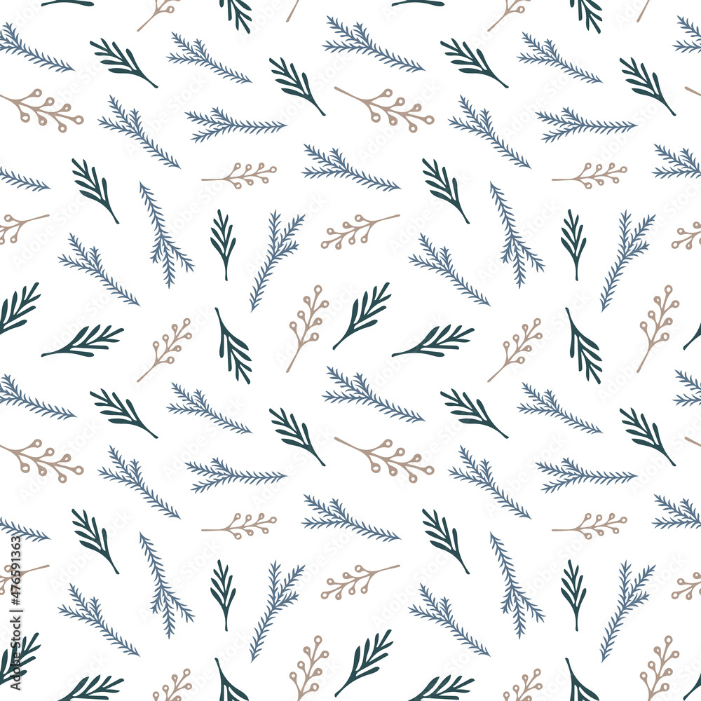 Christmas seamless pattern with isolated painted branches on white background. Cute vector illustration for paper, textile, fabric, prints, wrapping, greeting cards, banners Christmas seamless pattern with isolated painted branches on white background. Cute vector illustration for paper, textile, fabric, prints, wrapping, greeting cards, banners