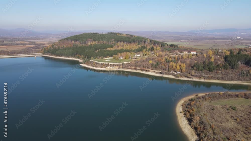 Aerial Autumn view of Izvor Reservoir at Konyavska Mountain, Pernik region, Bulgaria Aerial Autumn view of Izvor Reservoir at Konyavska Mountain, Pernik region, Bulgaria