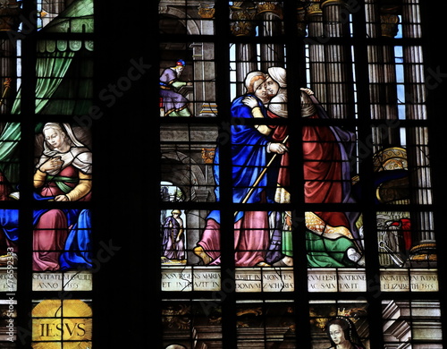  Stained Glass Window Detail Depicting Two Embracing Women at the Oude Kerk Church in Amsterdam, Netherlands