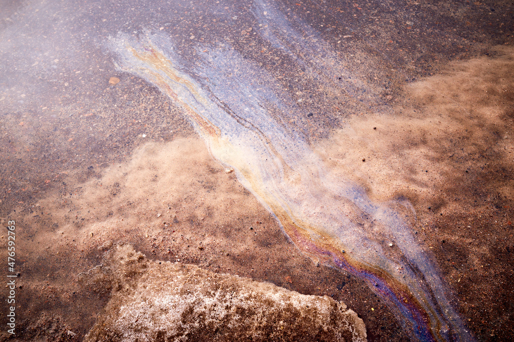 A rainbow spot of gasoline or oil in a puddle.