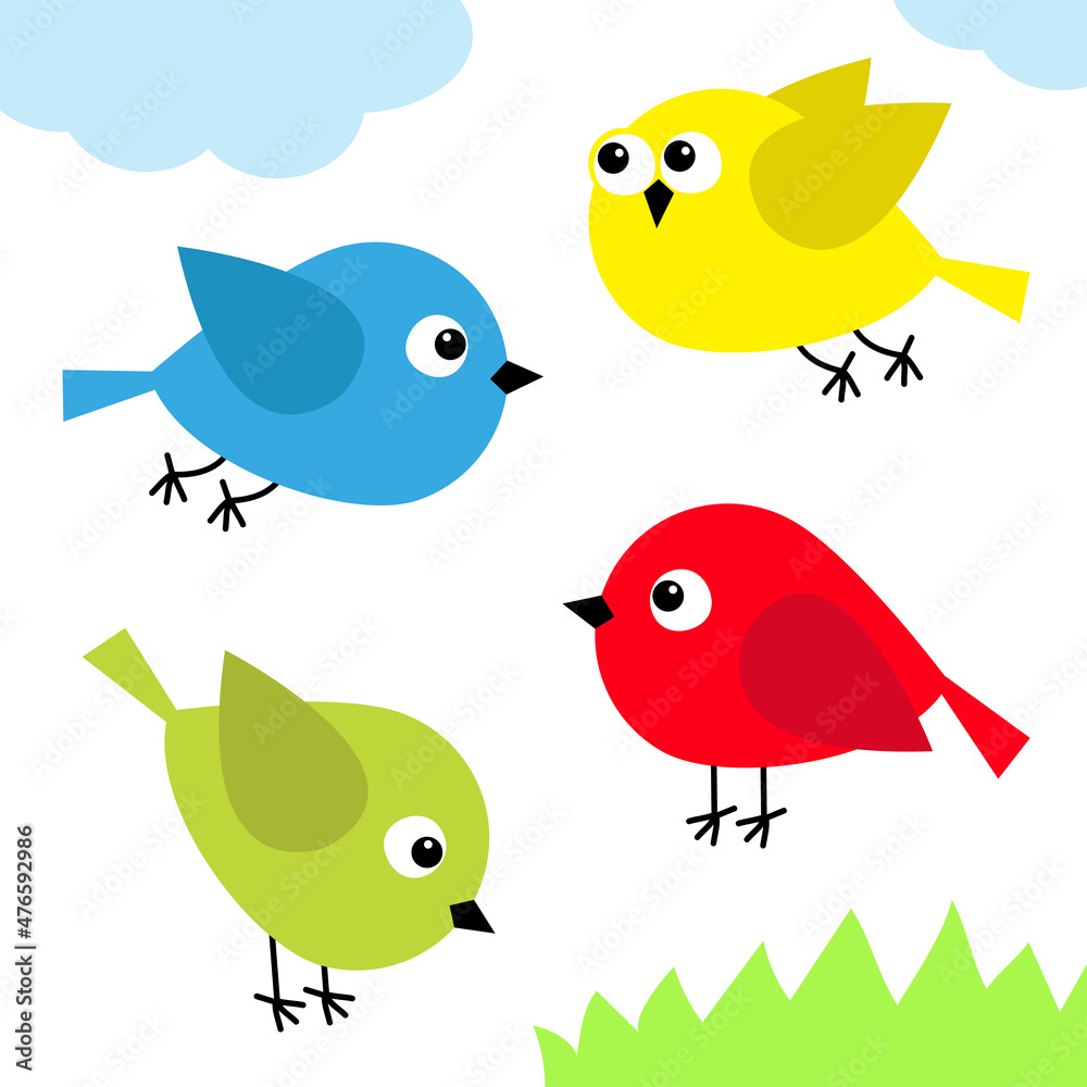 Naklejka premium Bird icon set. Birds baby collection. Cute cartoon kawaii character. Standing, flying chick animal. Grass and cloud. Decoration element. Sticker print template. Flat design. White background.