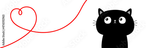 Black cat. Heart. One line hand draw doodle. Continuous line art. Red hearts. Happy Valentines Day. Decoration element. Love romantic sign symbol White background. Isolated.