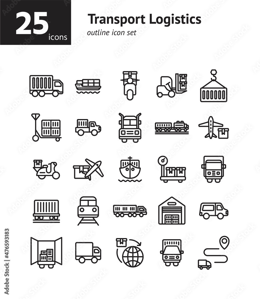 Fototapeta premium Transport Logistics outline icon set. Vector and Illustration.