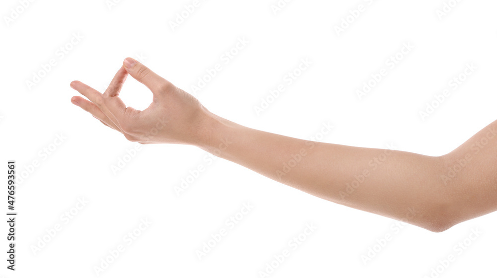 Woman meditating on white background, closeup of hand Woman meditating on white background, closeup of hand