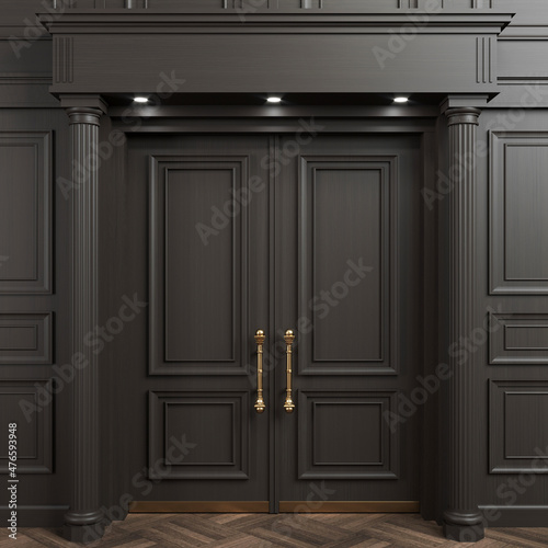 Black double classic wooden big door on wall