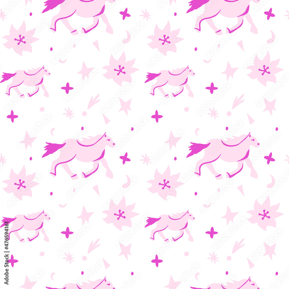 Fototapeta premium Seamless vector pattern with horses for valentine's day in the trending color pink. Abstract, animalistic, minimalist hand drawn print. Designs for textiles, fabric, wrapping paper, packaging.