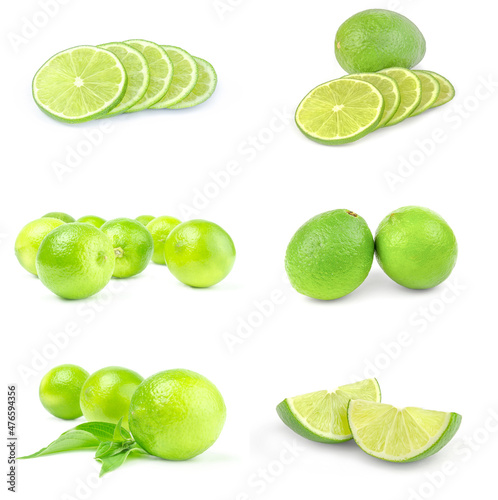 Collage of limes isolated on a white background with clipping path