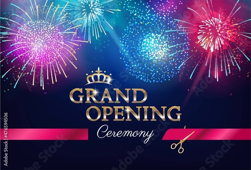 Grand opening background with fireworks and red ribbon. Ribbon cutting ceremony vector festive illustration.