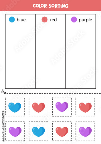 Sort hearts by colors. Learning colors for children.
