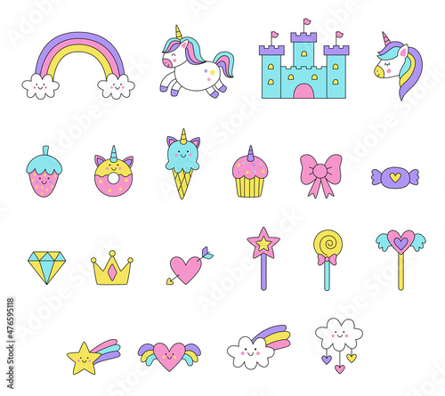Collection of cute kawaii vector pictures on white background.