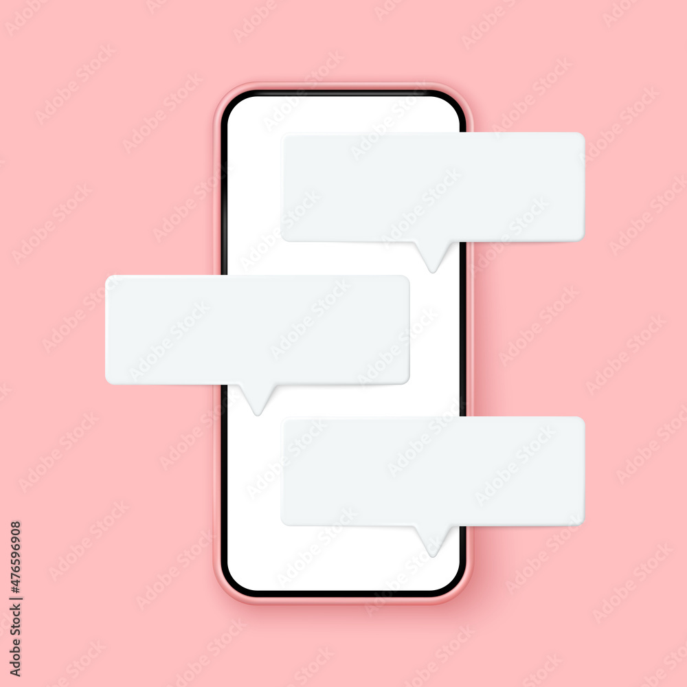 Smartphone with messages 3d vector. Speech bubble, text message, social media comment. Smartphone online entertainment, shoping, mobile gaming, applications, network. Smartphone with messages 3d vector. Speech bubble, text message, social media comment. Smartphone online entertainment, shoping, mobile gaming, applications, network.