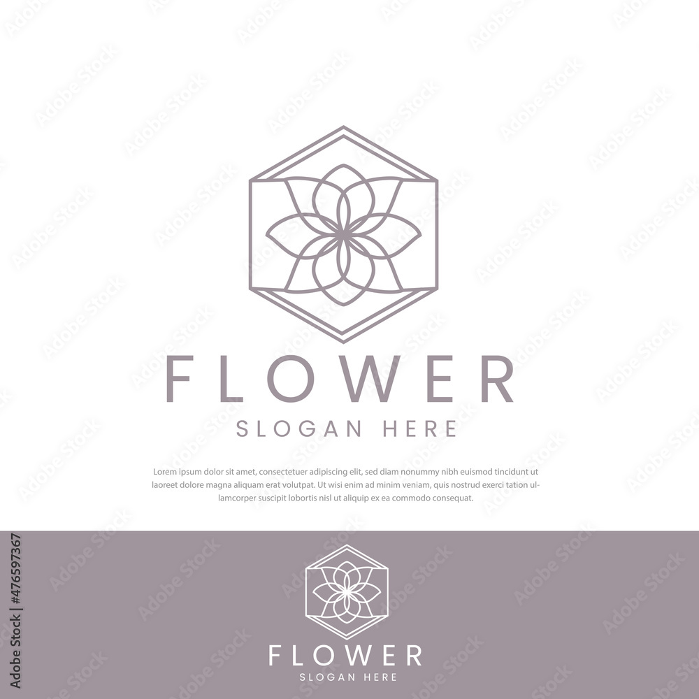 Geometric line art rose logo in beautiful floral frame in hexagons. vector line icon template