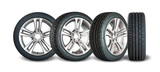 Set of four wheels on white background. New tires on aluminum wheel rims. No logo visible, only tire labeling visible.