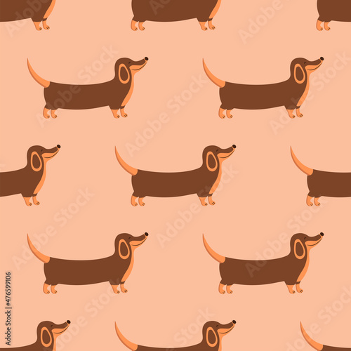 Seamless pattern happy dachshund walks and smiles. National Puppy Day. Lovely animal, people best friend, favorite pet. National Dog Day. Colorful illustration cartoon. Wrapping or print