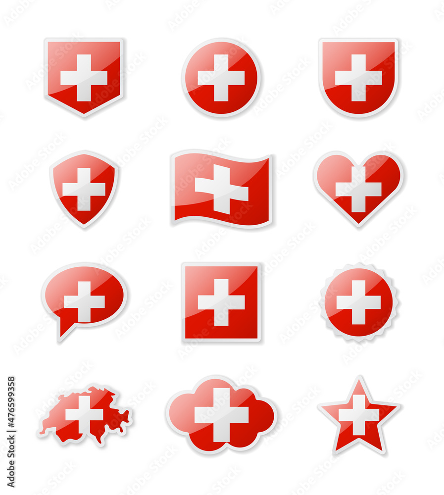 Switzerland - set of country flags in the form of stickers of various shapes. Switzerland - set of country flags in the form of stickers of various shapes.