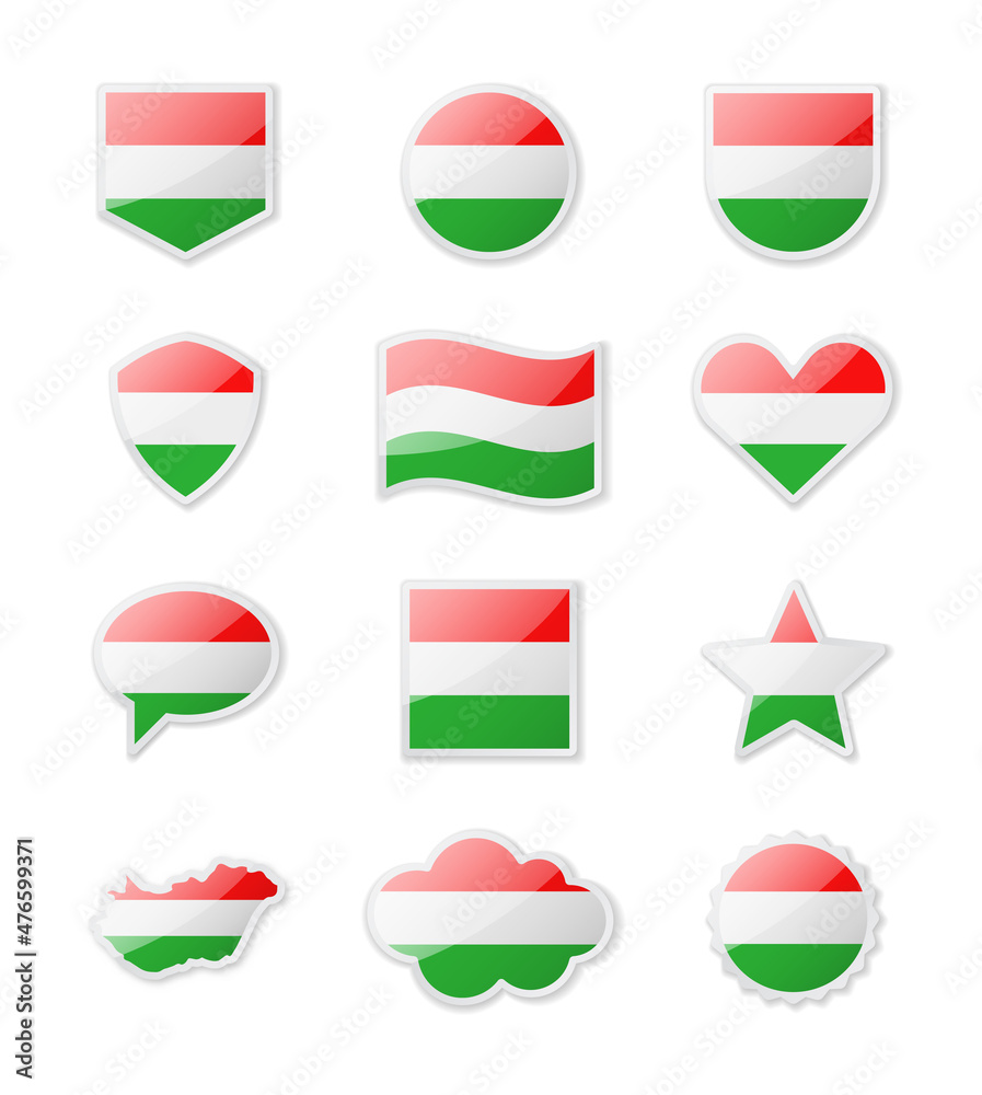 Hungary - set of country flags in the form of stickers of various shapes. Hungary - set of country flags in the form of stickers of various shapes.