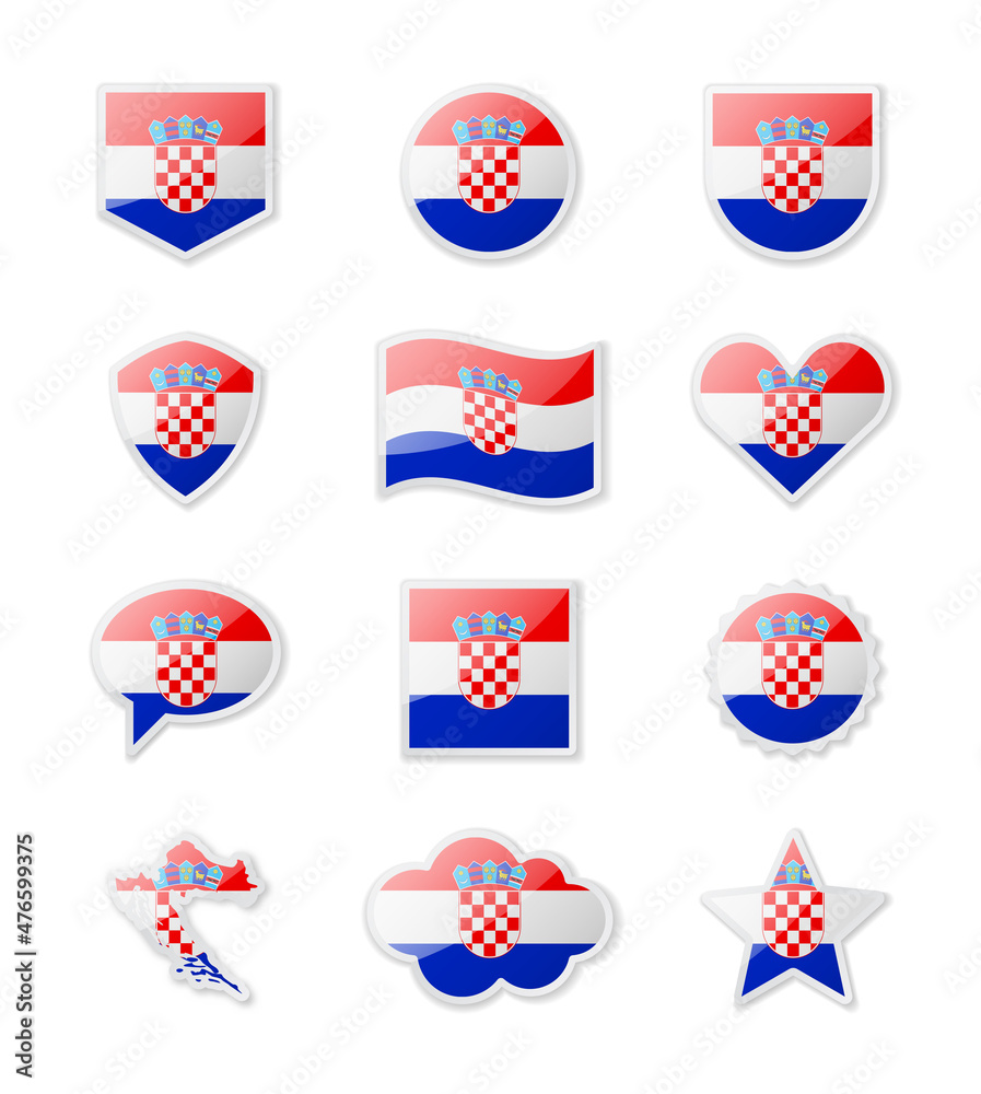 Croatia - set of country flags in the form of stickers of various shapes. Croatia - set of country flags in the form of stickers of various shapes.