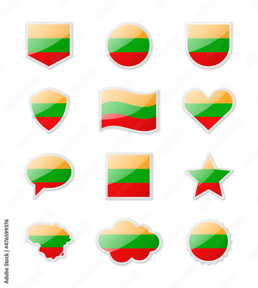 Lithuania - set of country flags in the form of stickers of various shapes. Lithuania - set of country flags in the form of stickers of various shapes.