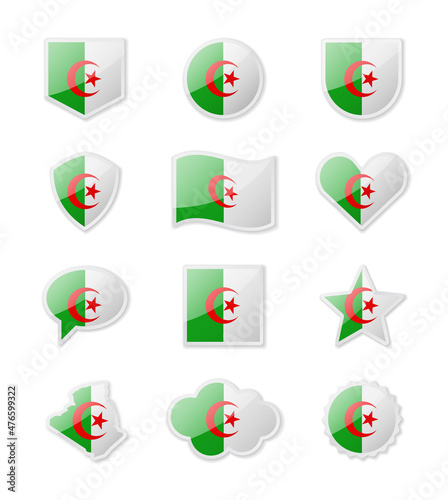 Algeria - set of country flags in the form of stickers of various shapes.
