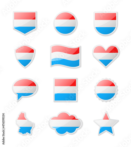 Luxembourg - set of country flags in the form of stickers of various shapes.