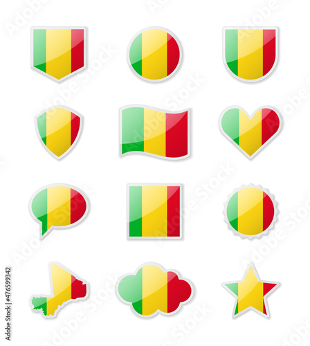 Mali - set of country flags in the form of stickers of various shapes.