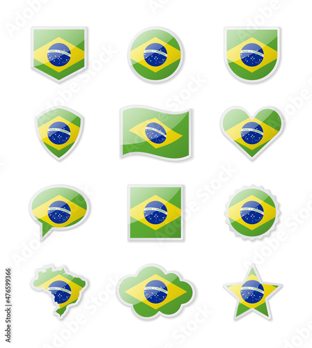 Brazil - set of country flags in the form of stickers of various shapes.