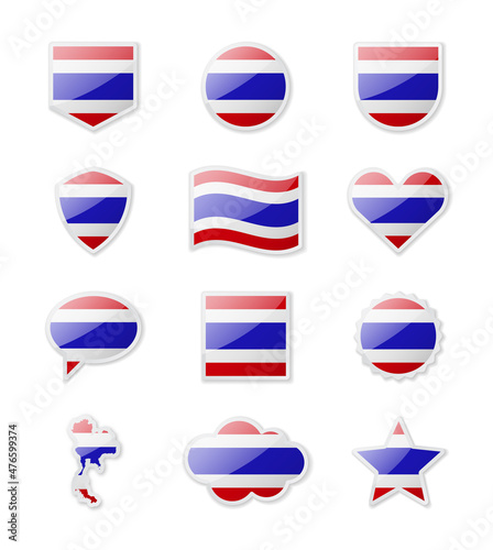 Thailand - set of country flags in the form of stickers of various shapes.
