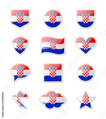 Croatia - set of country flags in the form of stickers of various shapes.