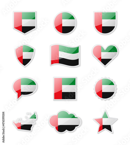 United Arab Emirates - set of country flags in the form of stickers of various shapes.