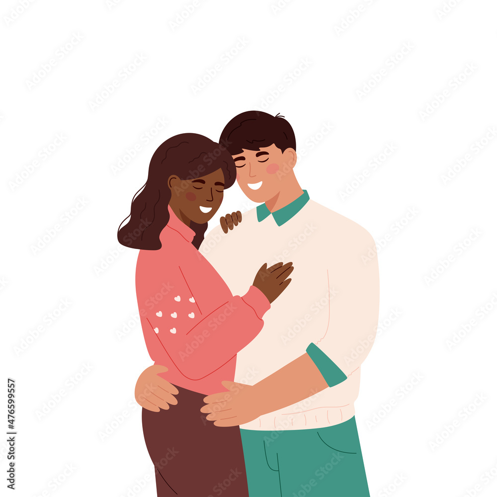 Cute diversity couple hugging. Happy Valentine's Day. Couple in love. Man and woman embracing each other affectionately. Characters for the feast of Saint Valentine. Banner. Isolated on white.