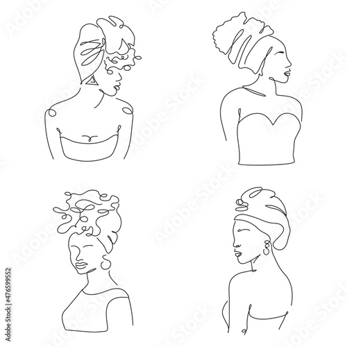 Tattoo set of African, American avatar silhouette of woman Vector illustration in one line art