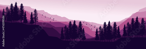 morning sunshine mountain landscape with forest silhouette landscape vector illustration good for wallpaper, backdrop, background, design template and tourism