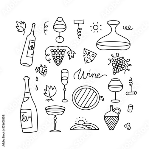 Doodle hand draw wine elements set on white background. Linear bottles, glasses, grapes etc. Line vector illustration collection.