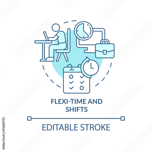 Flexi-time and shifts turquoise concept icon. Comfortable schedule abstract idea thin line illustration. Isolated outline drawing. Editable stroke. Roboto-Medium, Myriad Pro-Bold fonts used
