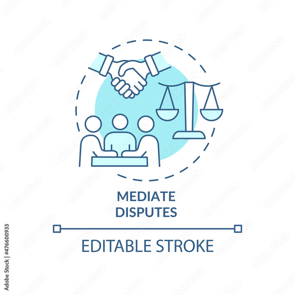 Mediate disputes turquoise concept icon. Respectful discussion abstract idea thin line illustration. Isolated outline drawing. Editable stroke. Roboto-Medium, Myriad Pro-Bold fonts used