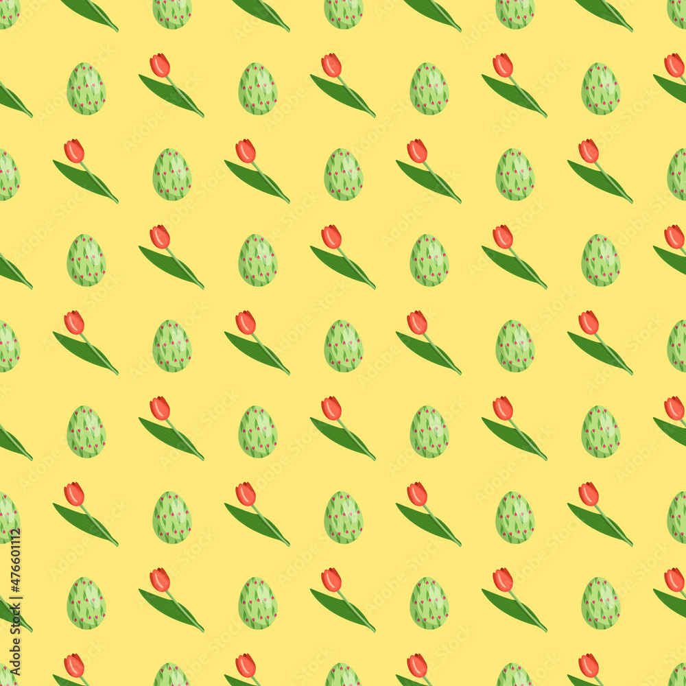 Seamless pattern with eggs and flowers for Happy Easter day. Christian holiday print with tulips on yellow background. Vector flat illustration 