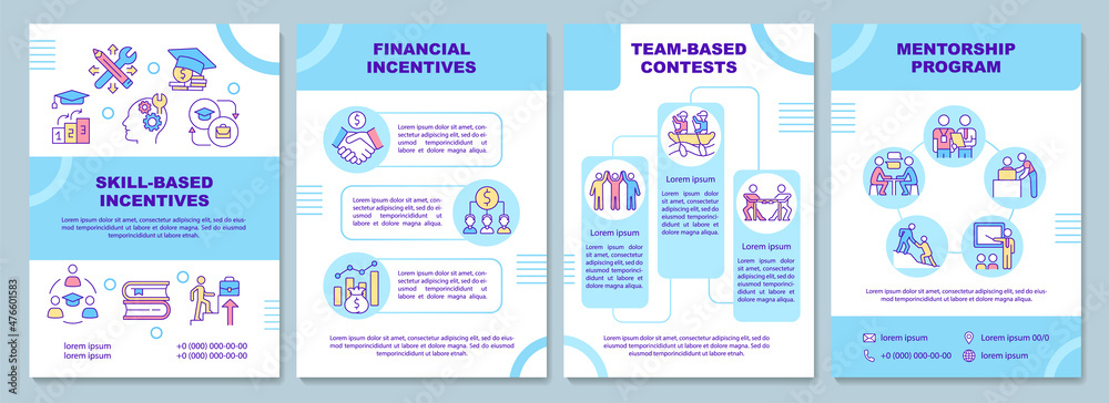 Teamwork incentives blue brochure template. Workers motivation. Booklet print design with linear icons. Vector layouts for presentation, annual reports, ads. Arial-Black, Myriad Pro-Regular fonts used