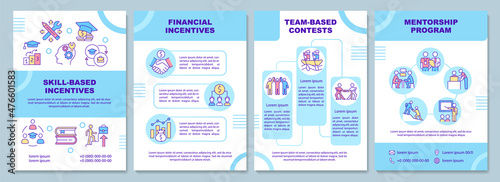 Teamwork incentives blue brochure template. Workers motivation. Booklet print design with linear icons. Vector layouts for presentation, annual reports, ads. Arial-Black, Myriad Pro-Regular fonts used