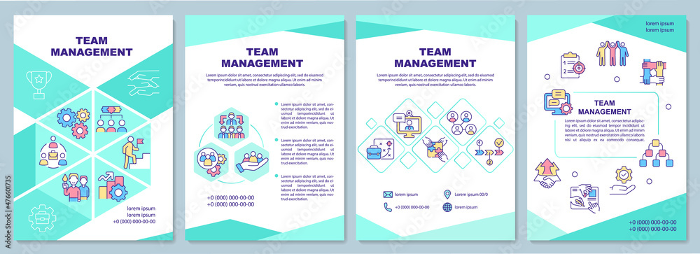 Team management mint brochure template. Lead team. Booklet print design with linear icons. Vector layouts for presentation, annual reports, ads. Arial-Black, Myriad Pro-Regular fonts used