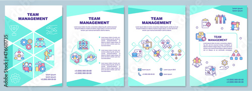 Team management mint brochure template. Lead team. Booklet print design with linear icons. Vector layouts for presentation, annual reports, ads. Arial-Black, Myriad Pro-Regular fonts used