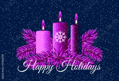 Christmas card with purple candles and coniferous twigs on a dark blue background. Festive poster with snow. The flame is burning. Vector.