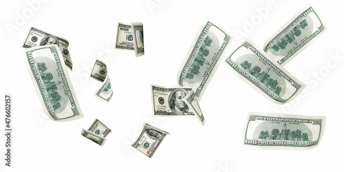 Hundred dollar bill. Falling money isolated on white background. American cash.