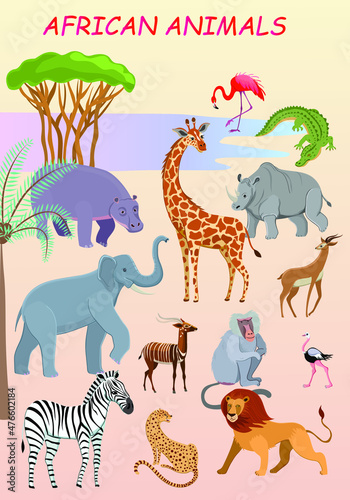 Poster with African animals. Giraffe, elephant, lion, bongo, flamingo, crocodile, baboon, cheetah, hippo, rhino, ostrich, impala, zebra. Vector illustration.