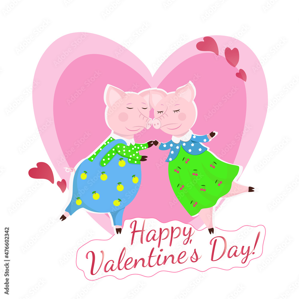 Two loving pigs in clothes dancing together near two pink and big hearts. Vector greeting card isolated on white background and text Happy Valentine's Day.