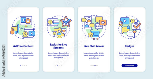 Paid subscription features onboarding mobile app screen. Walkthrough 4 steps graphic instructions pages with linear concepts. UI, UX, GUI template. Myriad Pro-Bold, Regular fonts used