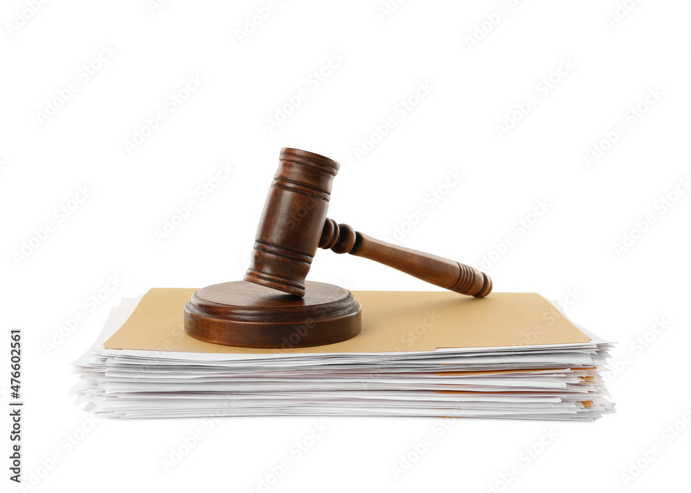 Yellow files with documents and wooden gavel on white background