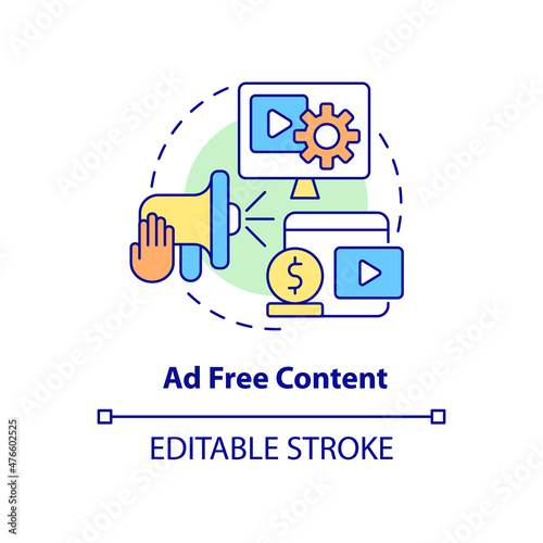 Ad free content concept icon. No commercials. Paid subscription benefit abstract idea thin line illustration. Isolated outline drawing. Editable stroke. Roboto-Medium, Myriad Pro-Bold fonts used