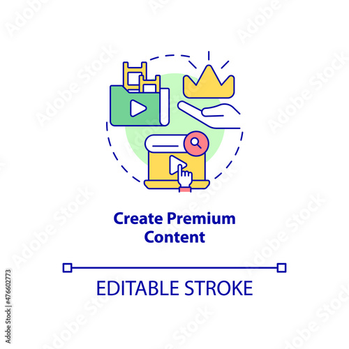 Create premium content concept icon. Subscription model. Video on demand abstract idea thin line illustration. Isolated outline drawing. Editable stroke. Roboto-Medium, Myriad Pro-Bold fonts used