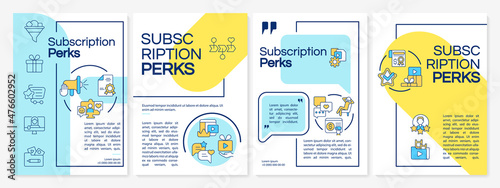 Subscription perks blue and yellow brochure template. Booklet print design with linear icons. Vector layouts for presentation, annual reports, ads. Questrial-Regular, Lato-Regular fonts used