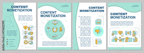 Content monetization mint brochure template. Earn money online. Booklet print design with linear icons. Vector layouts for presentation, annual reports, ads. Arial-Black, Myriad Pro-Regular fonts used